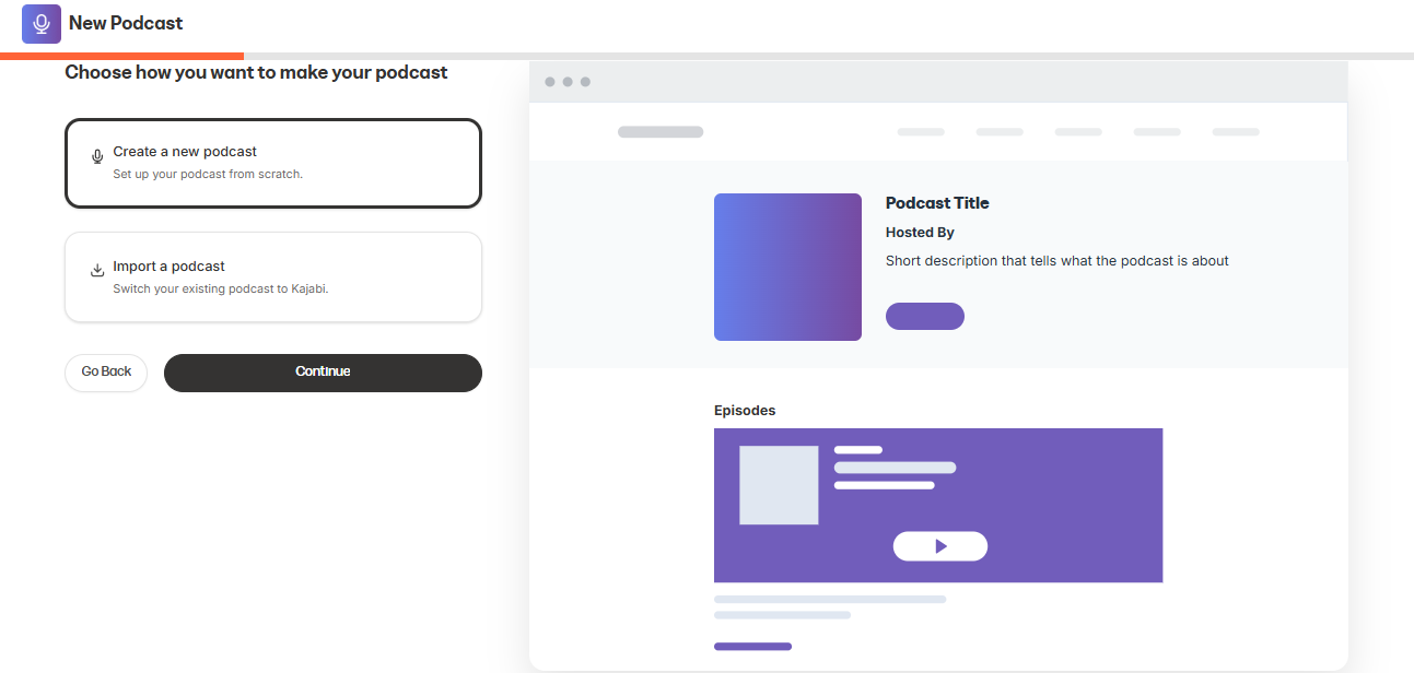 The podcast feature within Kajabi